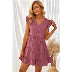 Розовое мини-платье в горошек с V-образным вырезом и короткими рукавами с оборками