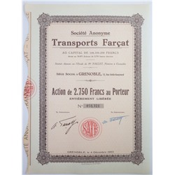 Акция Транспортная компания Farcat в Гренобле, 2750 франков 1953 года, Франция