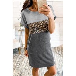 Серое платье-футболка с леопардовым принтом