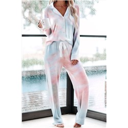 Голубой пижамный комплект с красочным розовым принтом: рубашка + штаны