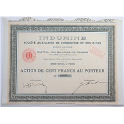 Акция Indumine Societe Auxiliaire de L'Industrie et des Mines, 100 франков, Франция