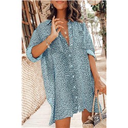 Голубое свободное платье-рубашка с леопардовым принтом