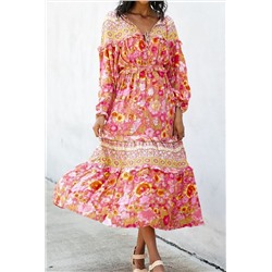 Розовое многослойное платье макси с рюшами и пышными рукавами с цветочным принтом
