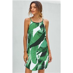 Зеленое мини платье на бретельках с узором из пальмовых листьев