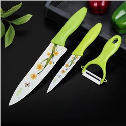 Набор кухонных принадлежностей Доляна «Нарцисс», 3 предмета: 2 ножа с антиналипающим покрытием, лезвие 12 см, овощечистка, 20×4 см, цвет зелёный