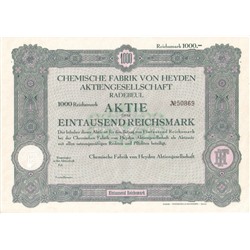 Акция Производство лекарств, завод Гейдена, 1000 рейхсмарок 1942 год, Германия