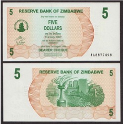 Банкнота 5 долларов 2007 года, Зимбабве UNC