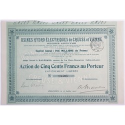 Акция Гидроэлектростанции в Вене и Крезе, 500 франков 1923 года, Франция