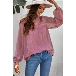 Розовая свободная блуза в горошек с прозрачными вставками и пышными рукавами с оборками