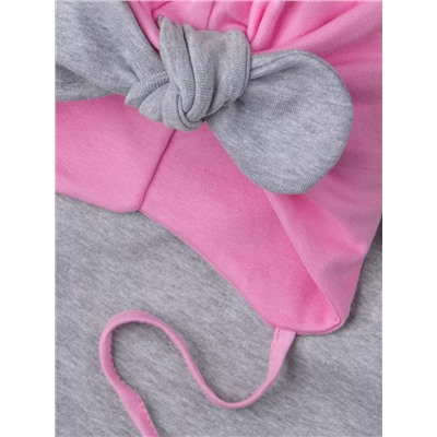 Чалма-тюрбан для девочки на завязках, серый бант + нагрудник, розовый