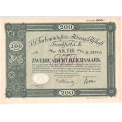 Акция Производство красильных материалов IG Farben (боевые отравляющие вещества), 200 рейхсмарок 1925-1926 г, Германия