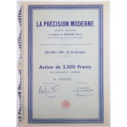 Акция Приборостроение La Precision Moderne, 2500 франков 1920 года, Франция
