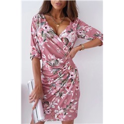 Розовое платье-миди с V-образным вырезом с запахом и цветочным принтом