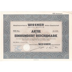 Акция Завод металлических изделий Wissner в Целла-Мелис, 100 рейхсмарок 1943 г., Германия