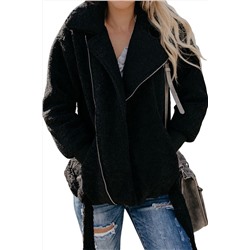 Черная меховая куртка-жакет с застежкой на молнию и поясом