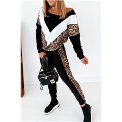 Черный повседневный комплект с белыми и леопардовыми вставками: свитшот + штаны