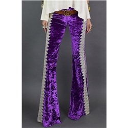 Фиолетовые вельветовые брюки с кружевными полосами по бокам и клешем от колена