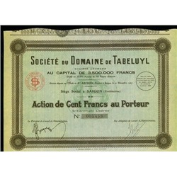 Акция Поместья Табелуйль (Индокитай), 100 франков 1928 года, Франция
