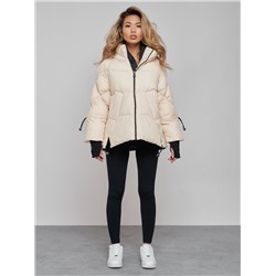 Зимняя женская куртка модная с капюшоном бежевого цвета 52306B