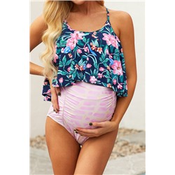 Купальник танкини для беременных: розовые плавки с высокой талией и свободный синий топ с цветочным принтом