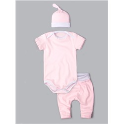 Комплект нательный для малышей, горошки, боди + штаны + шапка, светло-розовый