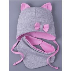 Шапка трикотажная для девочки, кошачьи ушки, на завязках, сбоку розовый бантик + нагрудник, серый