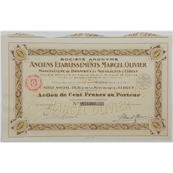 Акция Производство мебели и драпировок Marcel Olivier, 100 франков 1929 года, Франция
