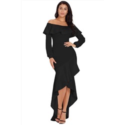 Черное платье-русалка с воланами и асимметричной юбкой