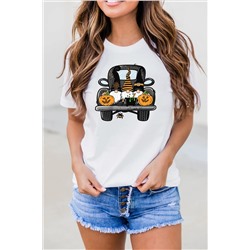 Белая футболка с принтом грузовик с тыквой и гномами