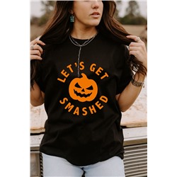 Черная футболка с оранжевым принтом тыква и надписью: LET'S GET SMASHED
