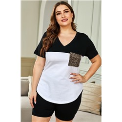 Черно-белый домашний комплект: футболка с леопардовым нагрудным карманом + шорты