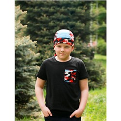 Футболка для мальчика с карманом + бандана "Милитари", черный с красным, белым и голубым