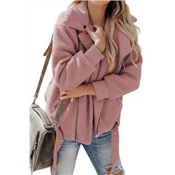 Розовая меховая куртка-жакет с застежкой на молнию и поясом