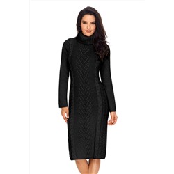 Черное вязаное платье-свитер с высоким отложным воротом и узором-"елочкой"