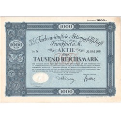Акция Производство красильных материалов IG Farben (боевые отравляющие вещества), 1000 рейхсмарок 1925 г, Германия