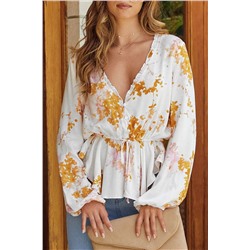 Белая приталенная блуза с V-образным вырезом и оранжевым цветочным принтом