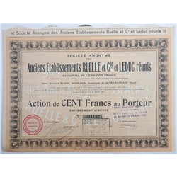 Акция Anciens Etablissements Ruelle et Cie et Leduc reunis, 100 франков, Франция