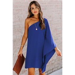 Синее асимметричное мини-платье на одно плечо